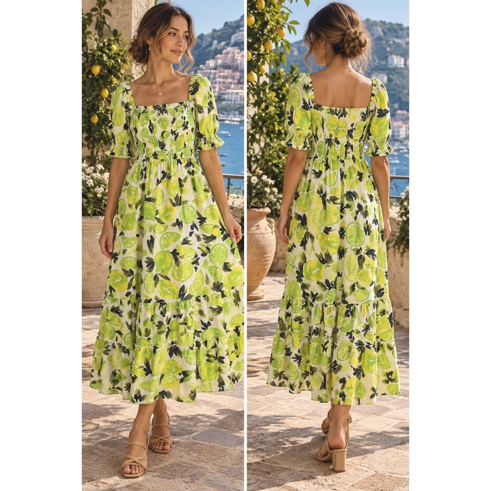 Steve Madden XS Sunny Lime Lemon Citrus Smocked Maxi Dress Puff Sleeve Resort